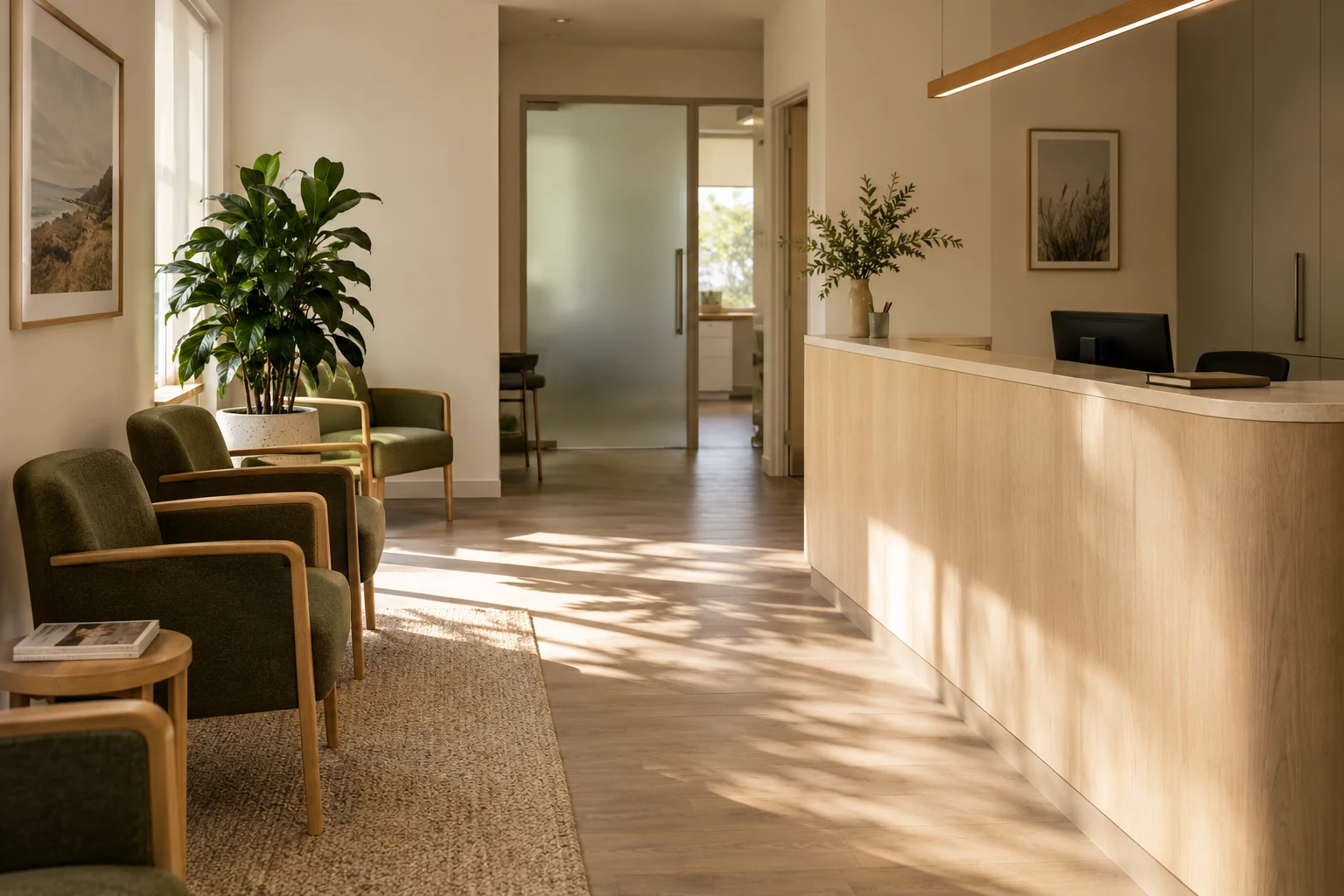 A quiet clinic reception with timber joinery, green chairs and soft morning light